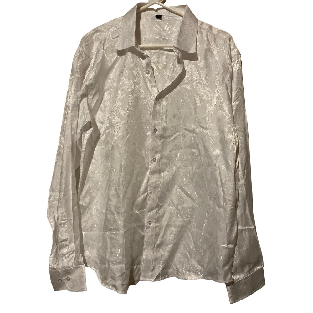Design In Italy Dressy White Paisley Button Down Dress Shirt Top Blouse Career